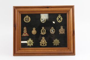 11 x Framed Military Cap Badges Inc Intelligence Corps, ATS, Etc // In vintage condition Signs of