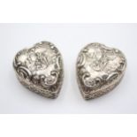 2 x Antique Victorian 1899 Birmingham Sterling Silver Heart Trinket Boxes (62g) // Maker - William