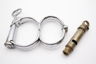 Handcuffs w/ Key & Leeds Police Whistle (Working) // In vintage condition Signs of age and use