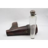 Antique Large Conical Glass Flask w/ Leather Case Holder // Length: 21.4cm In antique condition