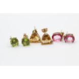 3 X 9ct Gold Paired Gemstone Stud Earrings Inc. Coated Pink Topaz, Citrine & Peridot (5g)