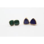 2 X 9ct Gold Paired Gemstone Earrings Inc. Lapis Lazuli & Malachite (4.4g)