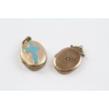 2 X 9ct Back & Front Gold Antique Oval Lockets Inc. Old Cut Diamond & Enamel Cross (7.8g)