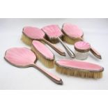 7 x Vintage .925 Sterling Silver Pink Guilloche Enamel Ladies Vanity (814g) // Inc Paddle Brushes,