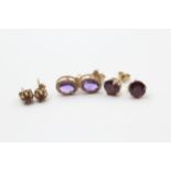 3 X 9ct Gold Paired Gemstone Stud Earrings Inc. Amethyst, Garnet & Ruby (3.3g)