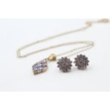 9ct Gold Tanzanite Cluster Pendant Necklace & Stud Earrings Set (4.6g)