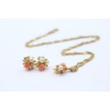 9ct Gold Coral & Pearl Cluster Pendant Necklace And Earrings Set (4.9g)