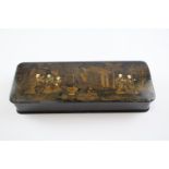 Antique Lacquered Chinoiserie East Asian Glove Box W/ Carved Stretcher & Gloves // Approx