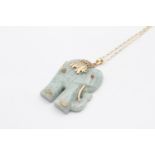 9ct Gold Vintage Carved Jade And Paste Set Elephant Pendant Necklace (21.1g)