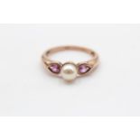 9ct Rose Gold Garnet And Cultured Pearl Trilogy Ring (2.4g) Size N