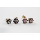 2 X 9ct Gold Paired Gemstone & Diamond Cluster Earrings Inc. Sapphire & Ruby (2.3g)