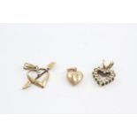3 X 9ct Gold Heart Pendants Inc. Diamond (2.6g)