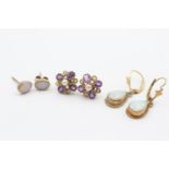 3 X 9ct Gold Paired Gemstone Earrings Inc. Opal, Amethyst & Pearl (4.8g)
