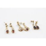 3 X 9ct Gold Paired Garnet Drop Earrings Inc. Diamond (4.3g)