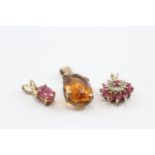 3 X 9ct Gold Gemstone Set Pendants Inc. Glass Filled Ruby, Synthetic Ruby, White Gemstone &