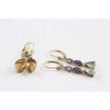 2 X 9ct Gold Paired Gemstone Drop Earrings Inc. Citrine & Blue Topaz (4.5g)
