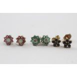 3 X 9ct Gold Ruby, Sapphire, Emerald, Opal, Diamond Set Stud Earrings (2.9g)