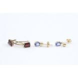 2 X 9ct Gold Paired Gemstone Drop Earrings Inc. Garnet & Sapphire (2.7g)