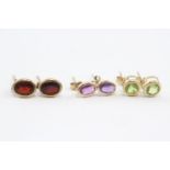 3 X 9ct Gold Paired Gemstone Stud Earrings Inc. Peridot, Garnet & Amethyst (2.3g)