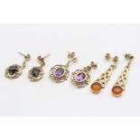 3 X 9ct Gold Amber, Amethyst And Sapphire Set Drop Earrings (5.5g)