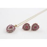 9ct Gold Ruby & Diamond Cluster Heart Pendant Necklace And Earrings Set (5.8g)