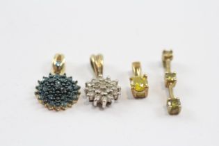 4x 9ct gold diamond and coloured diamonds pendants 4g