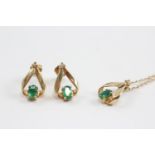 9ct Gold Emerald & Diamond Pendant Necklace And Earrings Set (3.4g)