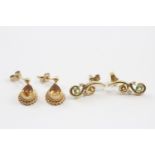 2 X 9ct Gold Paired Gemstone Set Earrings Inc. Peridot, Citrine & Diamond (2.9g)