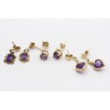 3 X 9ct Gold Paired Amethyst Earrings Inc. Stud & Drop (3.1g)