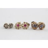 3 X 9ct Gold Ruby, Sapphire, And Diamond Set Stud Earrings (3.8g)