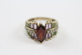 9ct Gold Garnet, Amethyst & Peridot Cluster Cocktail Ring (3.9g) Size O