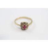 9ct Gold Vintage Ruby & Diamond Floral Cluster Dress Ring (2g) Size N