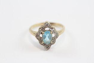 9ct Gold Blue Topaz & Diamond Ornate Halo Dress Ring (2.4g) Size N