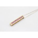 9ct Gold Pink Sapphire Drop Bar Pendant Necklace (2.9g)