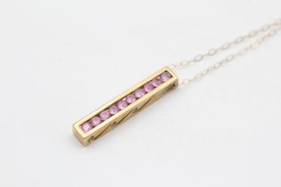 9ct Gold Pink Sapphire Drop Bar Pendant Necklace (2.9g)