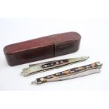 2 x Antique / Vintage French Mother of Pearl & Tortoiseshell Cut Throat Razors // w/ Silver Plate