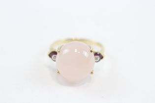 9ct Gold Cabochon Rose Quartz, Diamond & Garnet Dress Ring (5.8g) Size R