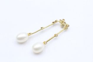 9ct Gold Pearl & Diamond Long Drop Earrings (3.8g)