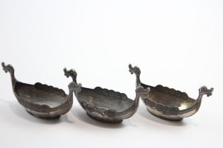 3 x Vintage Stamped .925 Norway Sterling Silver Viking Long Boat Dishes (50g) // Diameter - 8cm In