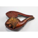 Antique Carved Meerschaum Smoking Pipe Lion Head Form w/ Fitted Case, Amber Stem // Length - 18.