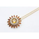 9ct Gold Diamond, Garnet And Citrine Set Sunflower Pendant Necklace (5g)