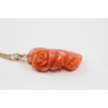 9ct Gold Vintage Carved Coral Rose Pendant Necklace (4.4g)