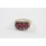 9ct Gold Synthetic Ruby & Diamond Three Stone Halo Ring (3.2g) Size M