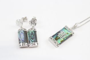 9ct White Gold Rainbow Abalone Shell Pendant Necklace & Drop Earrings Set (4.8g)