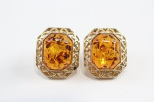 14ct Gold Amber Ornate Openwork Earrings (6g)