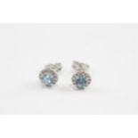 9ct White Gold Diamond & Blue Topaz Halo Stud Earrings (1.1g)