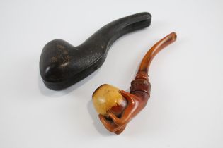 Antique Carved Meerschaum Hand Form Smoking Pipe w/ Amber Stem, Case // Length - 19cm In antique