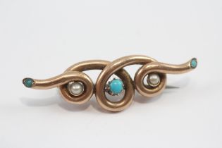 9ct Gold Turquoise And Split Pearl Wrap Brooch (2.7g)