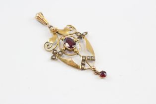 9ct Gold Antique Garnet & Seed Pearl Lavalier Pendant (2g)