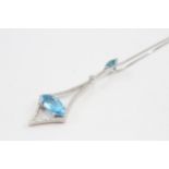 18ct Gold Blue Topaz & Diamond Ornate Drop Pendant Necklace (5.3g)